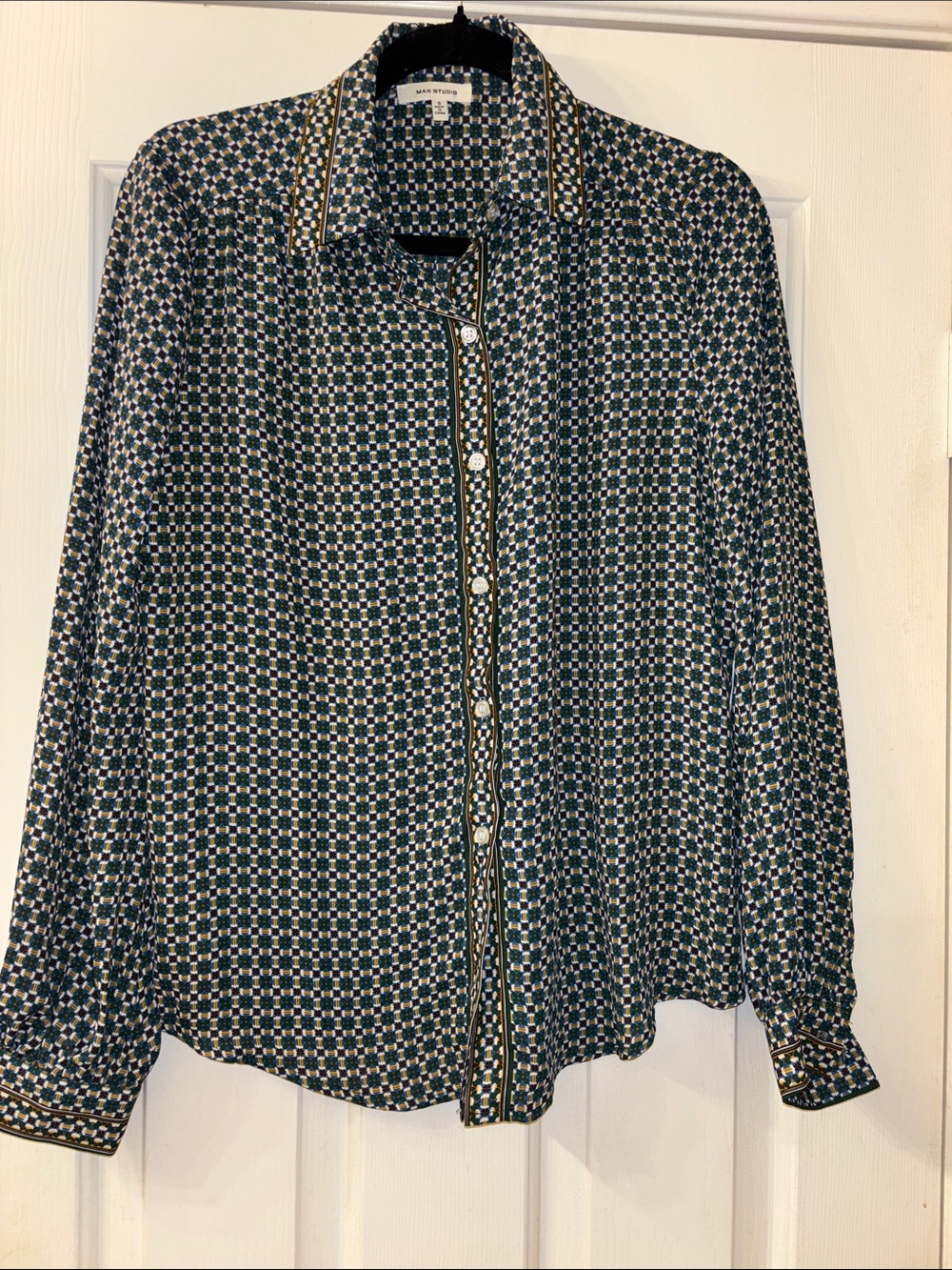 Max Studio Geometric Print Long-Sleeve Shirt - Blue/Green Small EUC